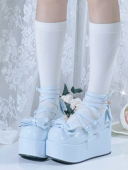 Light Blue Bowknot Buckle Straps Round Toe Platform Lolita Shoes