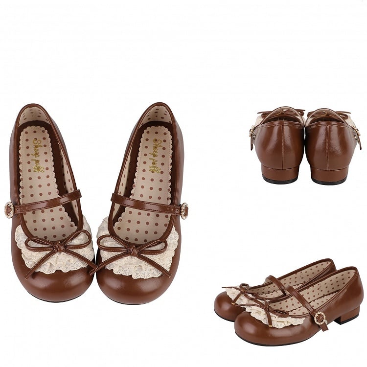 Chocolate Brown Knotted Bow Accent Lace Trim 2.2CM/4.3CM Heels Round Toe Mary Janes