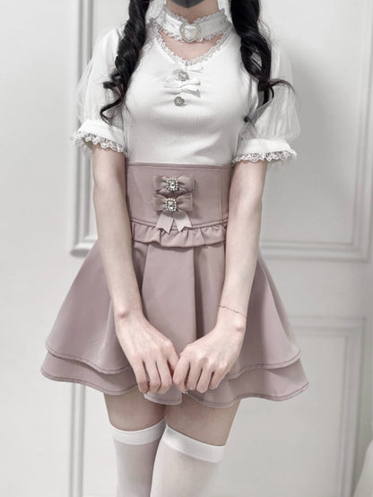 Dusty Pink Jirai Kei Corset Waist Double-Layered Skirt with Detachable Bowknots