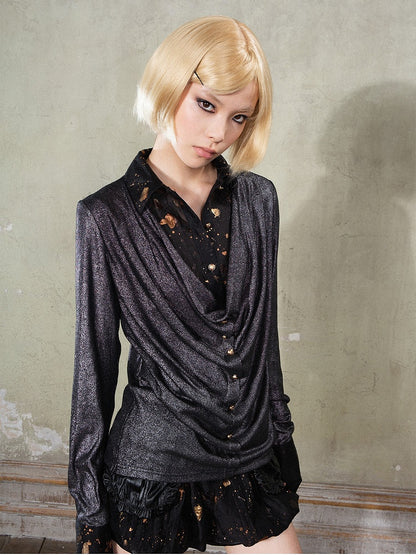 Black Y2K Punk Rock Faux Two-Piece Shirt with Splatter Print