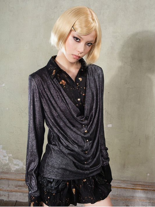 Black Y2K Punk Rock Faux Two-Piece Shirt with Splatter Print