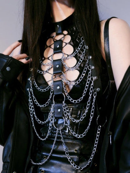 Black Cyberpunk Chest Chain With Waist Belt
