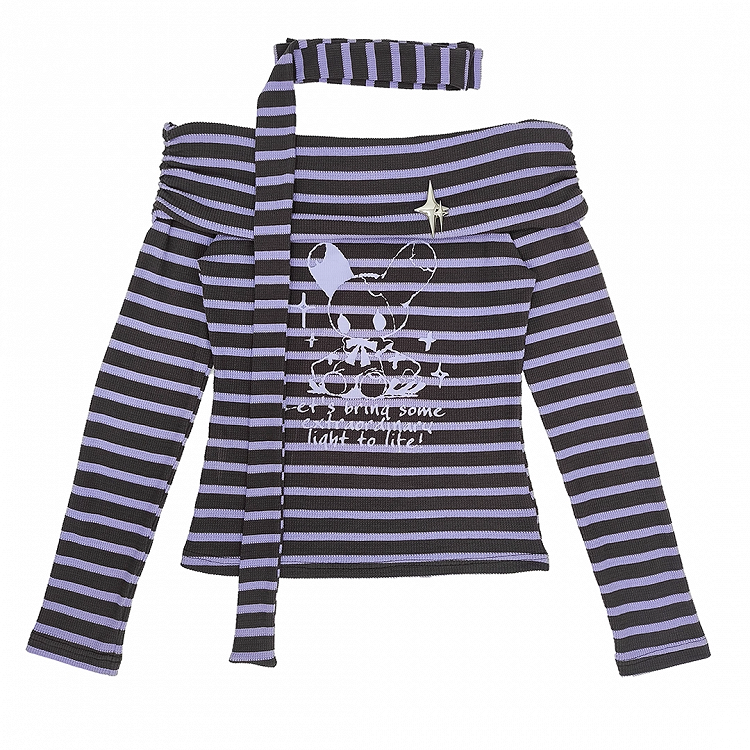 Y2K Off-the-shoulder Neckline Purple and Gray Striped Top with Free Scarf