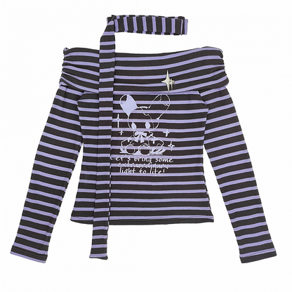 Y2K Off-the-shoulder Neckline Purple and Gray Striped Top with Free Scarf