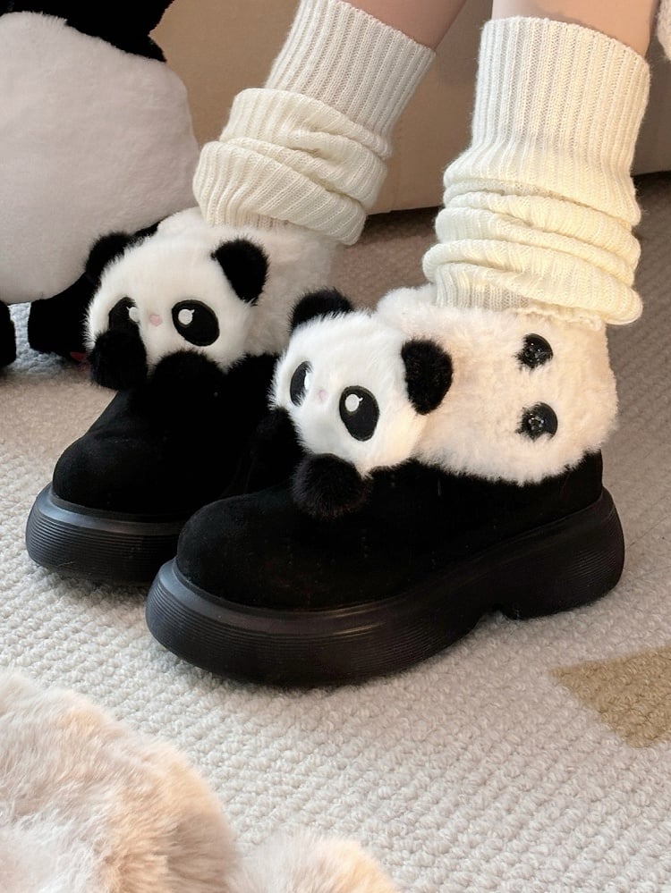 Black Sweet Lolita Platform Snow Boots - Panda Design with Plush Cuff