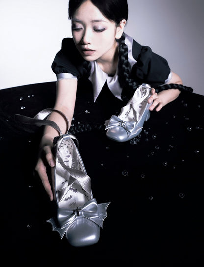 Bat Wings Bow Gothic Silver Lace-up Block Heels Balletcore Shoes