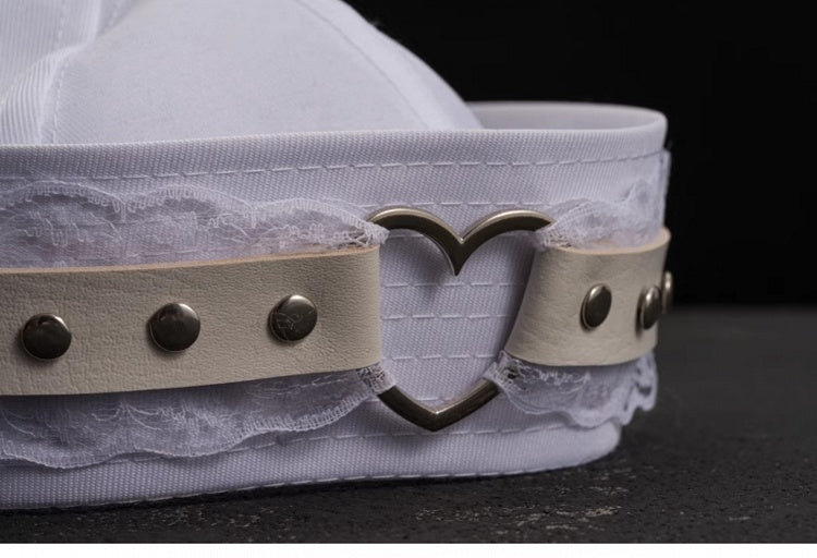 White Studded PU Heart-shaped Ring Lace Sailor Hat