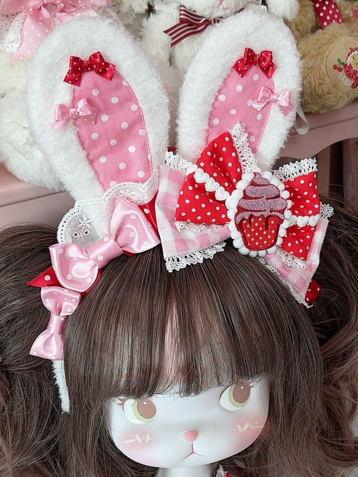 3 Color Options Polka-dot And Plaid Pattern Bowknot Details Plush Bunny Ear KC