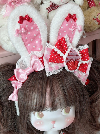 3 Color Options Polka-dot And Plaid Pattern Bowknot Details Plush Bunny Ear KC