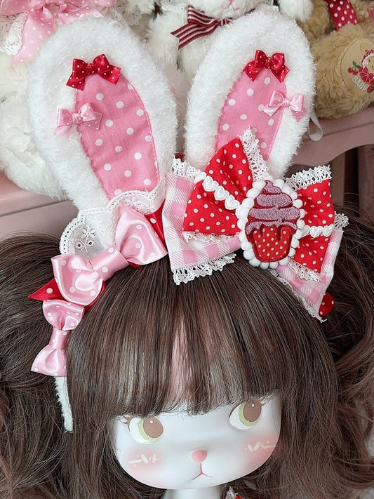 3 Color Options Polka-dot And Plaid Pattern Bowknot Details Plush Bunny Ear KC