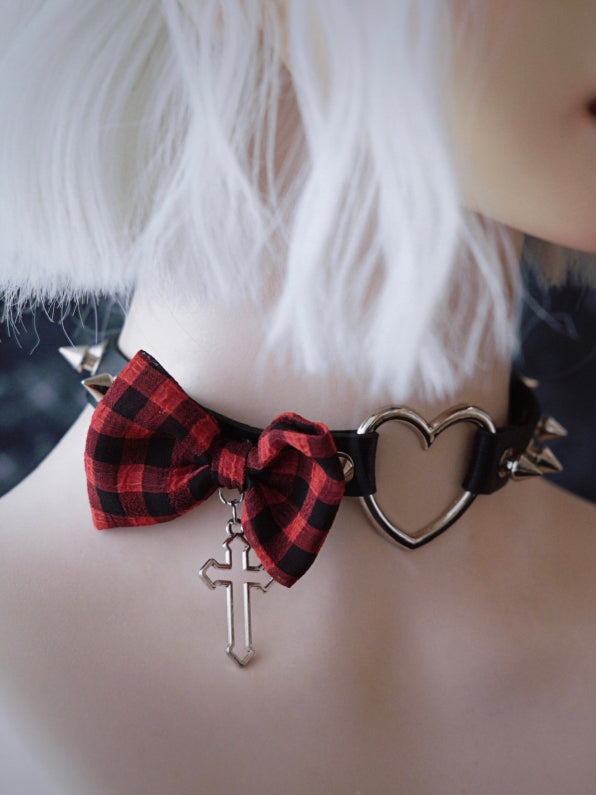 Black And Red Plaid Pattern Bowknot With Cross Pendant Heart Buckle Choker