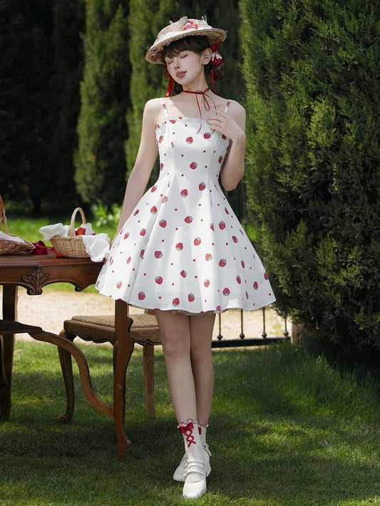 Summer Strawberry and Polka Dots Print Sun Dress White Sweet Lolita JSK