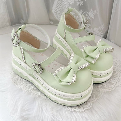 Lolita Cute Light Green Bowknot Cake Pattern Buckle Straps Platform Shoes