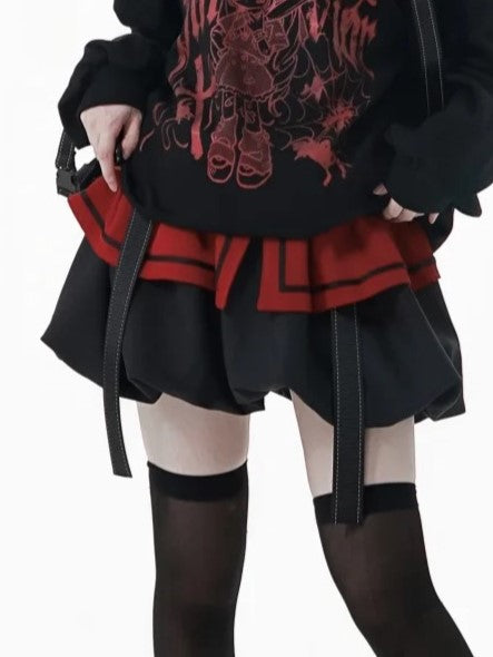Gray/Black & Red Playful Bubble Mini Skirt with Dynamic Strap Accents