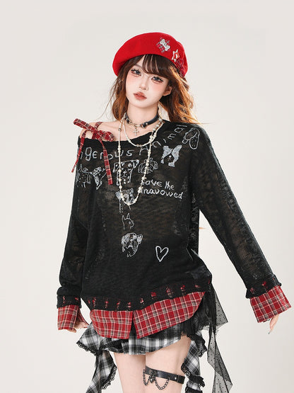 Plaid Hem Asymmetrical Neckline Puppy Print Beige/Black Semi-sheer Coverup