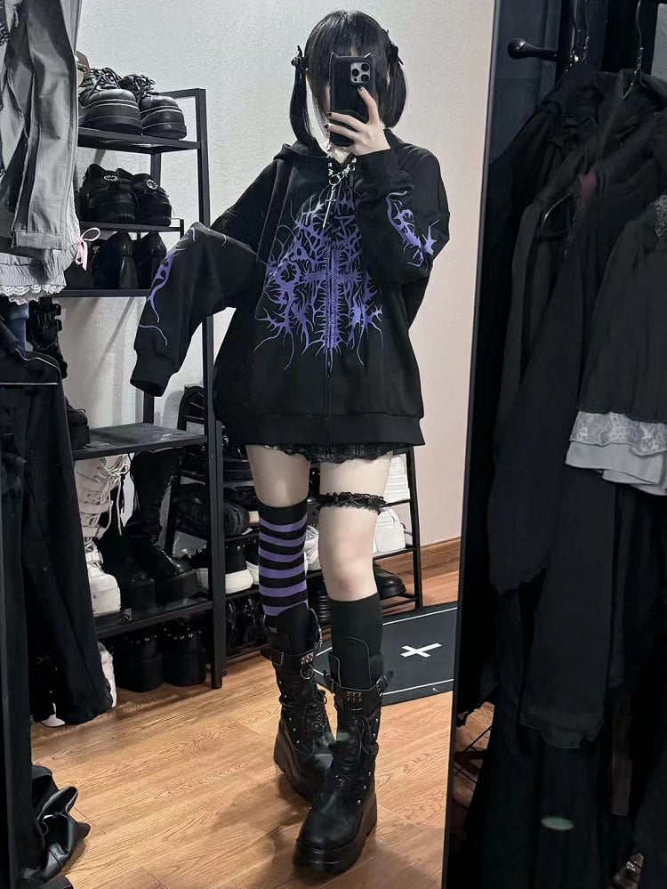 Black and Purple Emo Punk Graphic Zip Hoodie