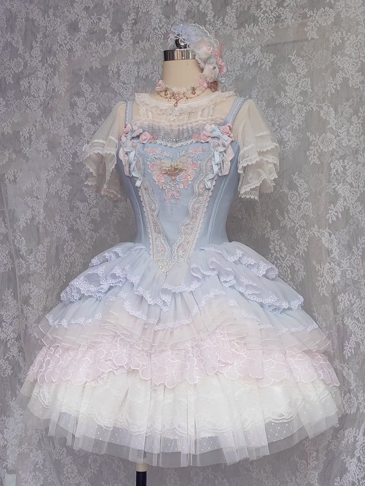 Blue Princess Lolita Corset Dress Floral Embroidery Jumper Skirt