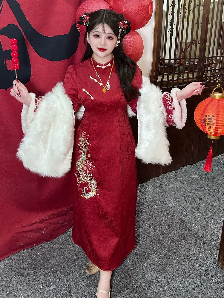 Plus Size Red Dragon Embroidery New Year Qipao with Plush Cuffs