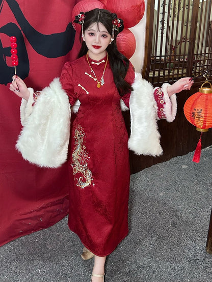 Plus Size Red Dragon Embroidery New Year Qipao with Plush Cuffs