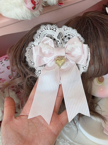 Pink Heart Charm Lace Detail Striped Pattern Bowknot Hairclip
