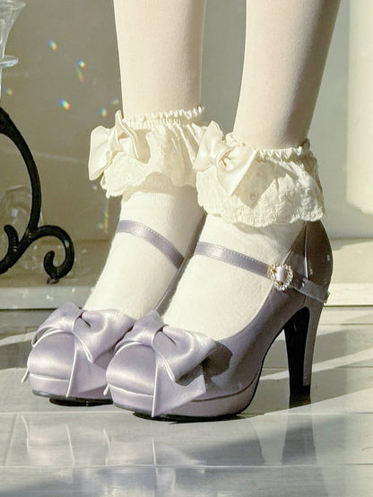 Sophisticated Lolita Purple High Heels - Sparkling Heart Clasp with Ornate Bow Details