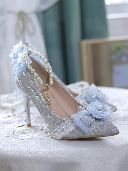 Silver & Light Blue Glittering Floral Bownknot Detachable Beaded Chain Hime Lolita High Heels