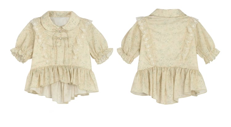 Peter Pan Collar Apricot Lace Trim High-low Blouse