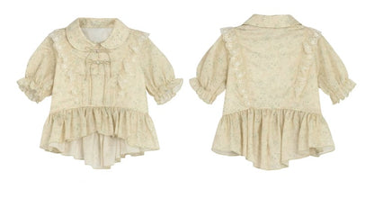 Peter Pan Collar Apricot Lace Trim High-low Blouse