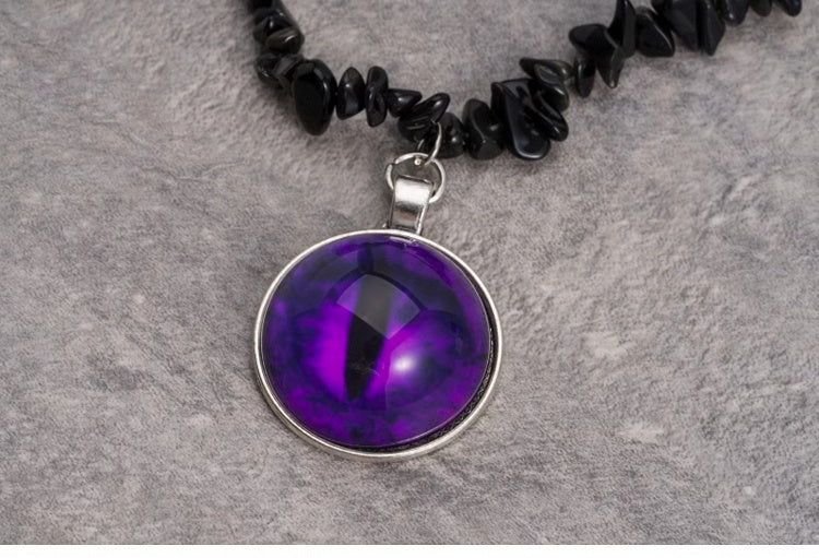 Purple Demon Eye Pendant Gothic Black Crushed Stone Necklace