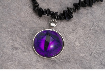 Purple Demon Eye Pendant Gothic Black Crushed Stone Necklace