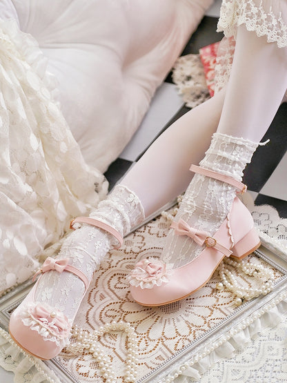Baby Pink Bow at Top Lace Trim Heart Buckles Round Toe Lolita Shoes