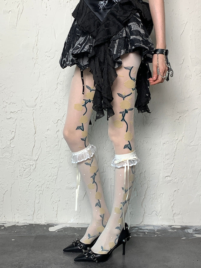 White Y2K Polka-dot Pattern Ruffles Trim Self-tie Strap Under-knee Stockings