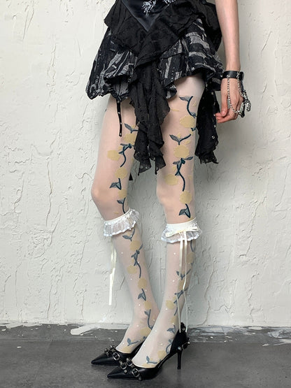 White Y2K Polka-dot Pattern Ruffles Trim Self-tie Strap Under-knee Stockings