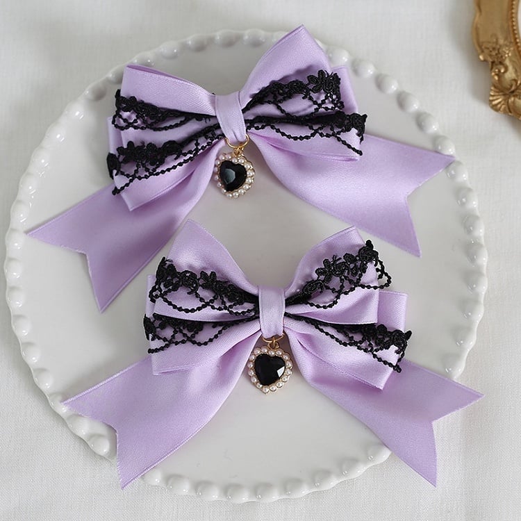 9 Colors A Pair of Bowknot Heart Charm Hairclips with Black Lace Decorations