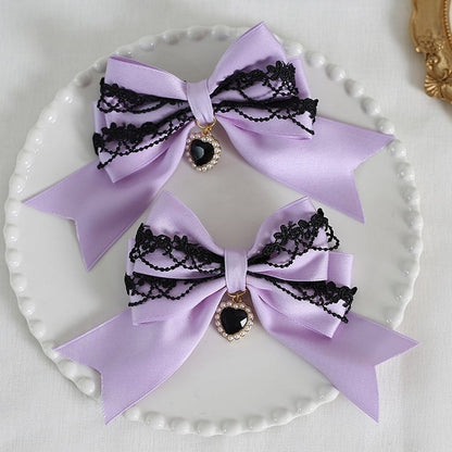 9 Colors A Pair of Bowknot Heart Charm Hairclips with Black Lace Decorations