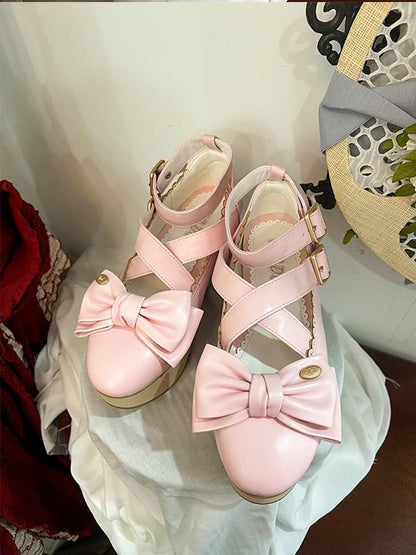 Sweet Lolita Pink Platforms with PU Leather, Wood Pattern Sole & Crisscross Details