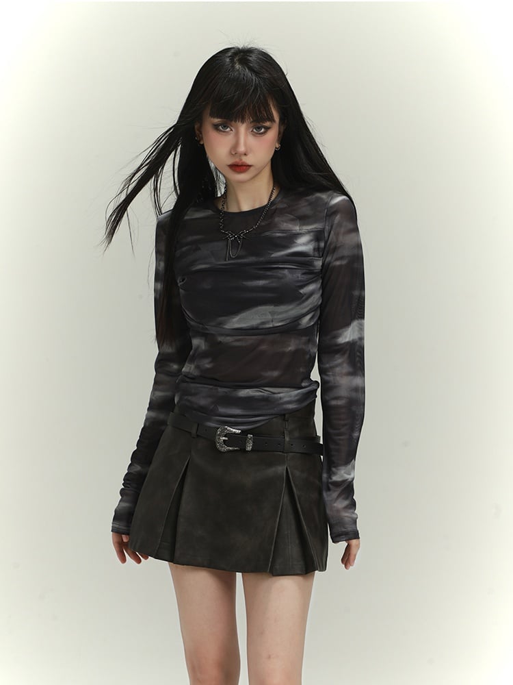 Black Round Neck Tie Dye Slim-fitting Top