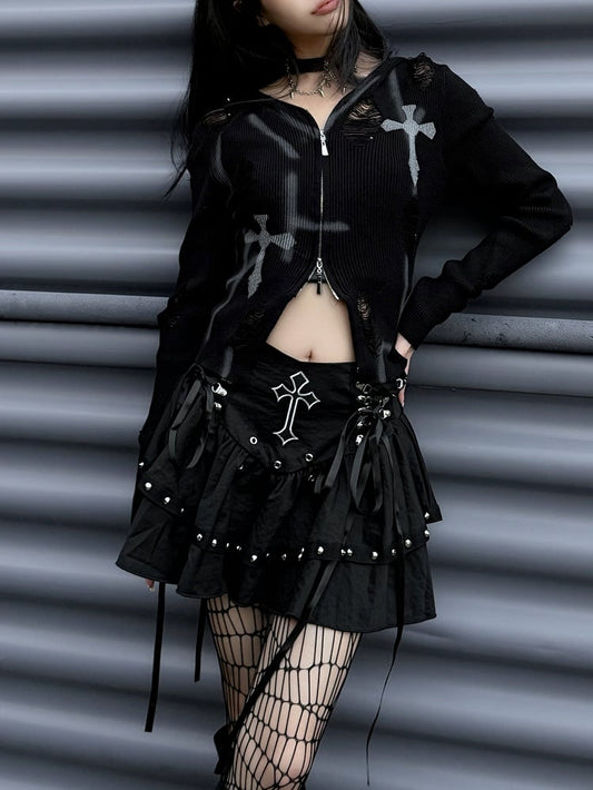 Gothic Punk Black Cross Applique Stud Accents Lace-up Detail Skirt