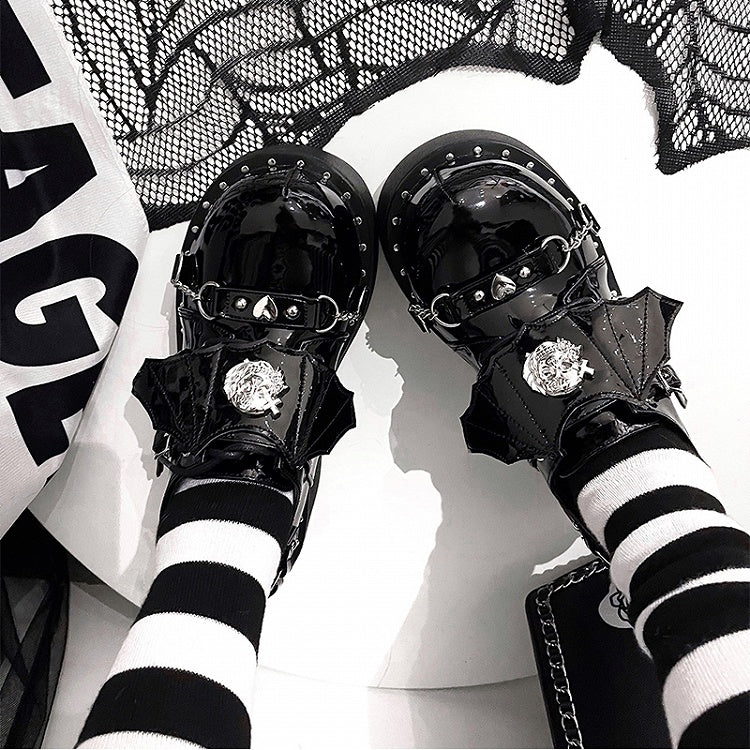 Devil Wings Punk Black Platforms Silver-tone Studs Goth Shoes