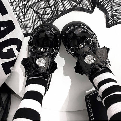 Devil Wings Punk Black Platforms Silver-tone Studs Goth Shoes