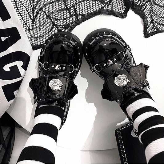 Devil Wings Punk Black Platforms Silver-tone Studs Goth Shoes