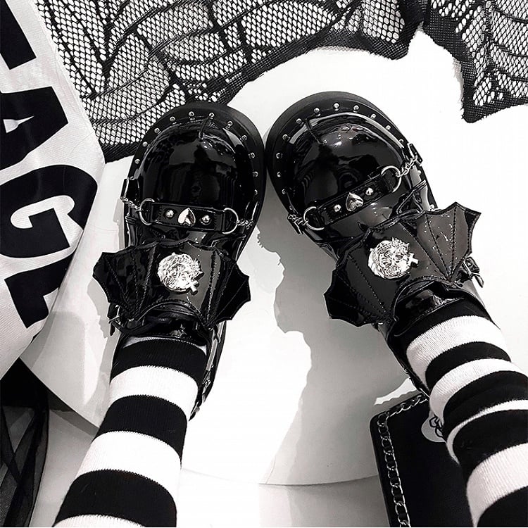 Devil Wings Punk Black Platforms Silver-tone Studs Goth Shoes
