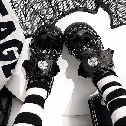 Devil Wings Punk Black Platforms Silver-tone Studs Goth Shoes
