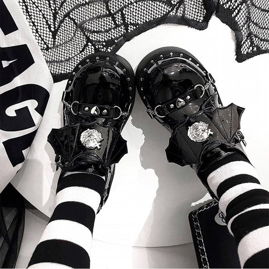 Devil Wings Punk Black Platforms Silver-tone Studs Goth Shoes