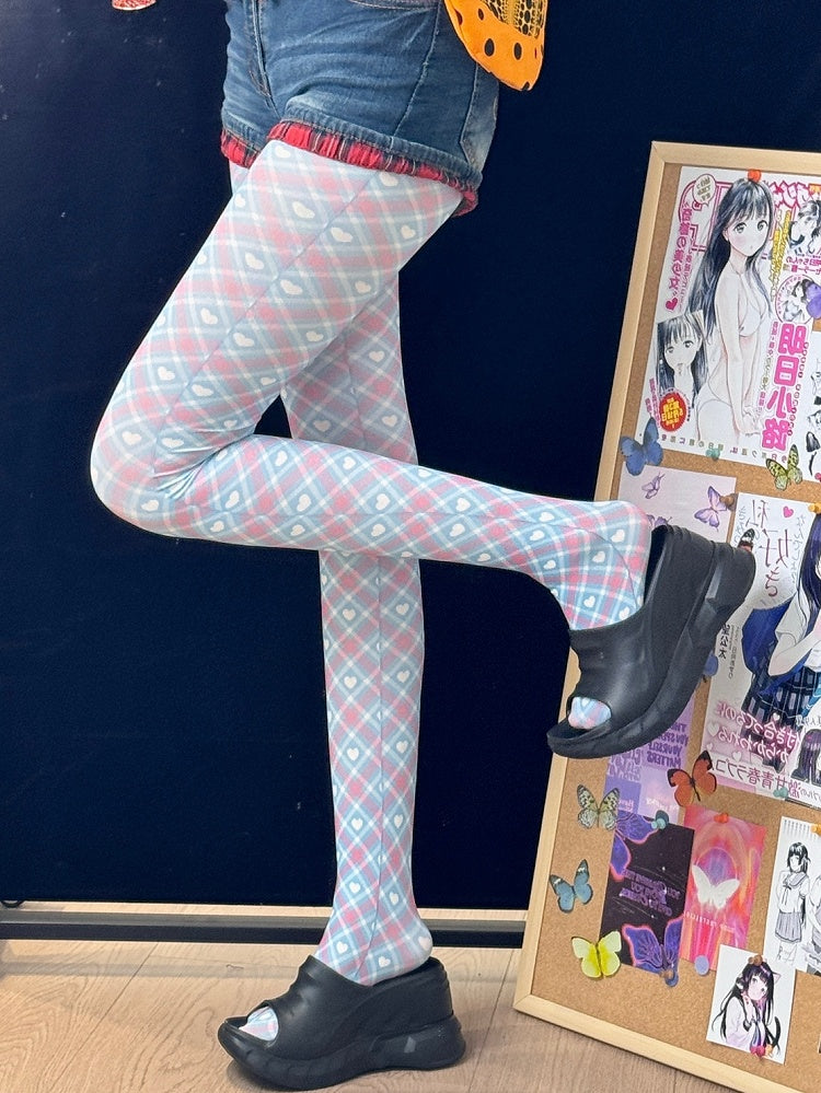 Blue&Pink Y2K Diamond Pattern Heart Print Tights