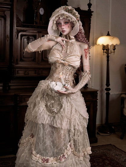 Rococo Illusion Lace Halter Neck Corset Top with Detachable Cascading Ruffle Accents