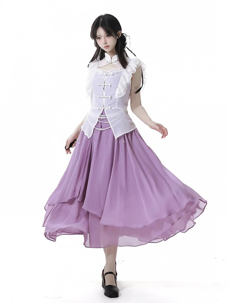 White Banded Collar Cheongsam Style Knot Buttons Flutter Sleeves Coverup