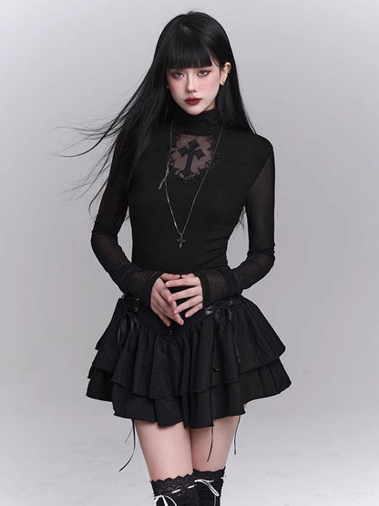 Black Mock Neck Coffin-shaped Cutout Cross Applique Mesh Sleeves Gothic Top