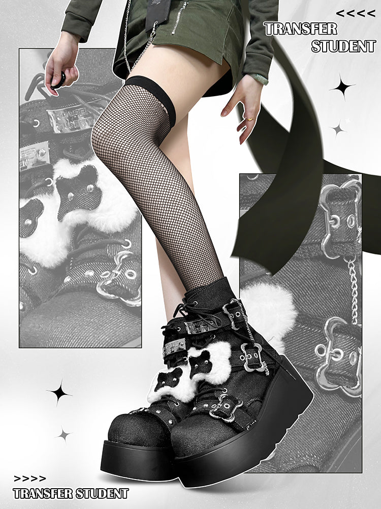 Buckle Straps Plush Bone Decorated Denim Black Punk Platform Boots