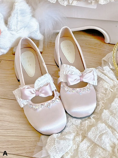 Bow Accents Light Pink Rhinestones Embellished Mary Janes